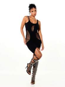 SUMWON WOMEN Sleeveless Bodycon Midi Dress With Ladder Cut-Out Panel Details Double Strap Design Fitted Silhouette Party Nightclub Cocktail - Black - View 5
