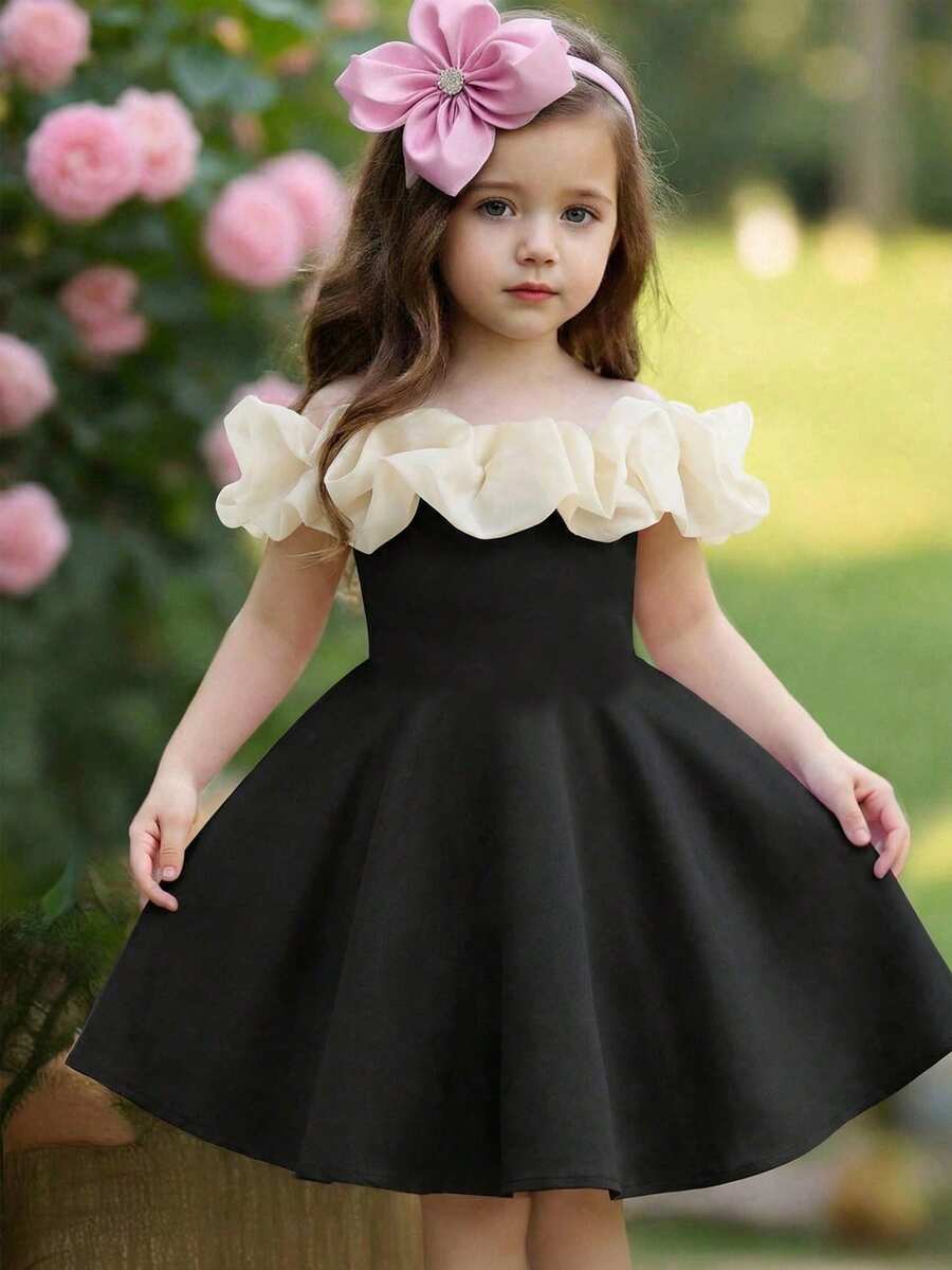 SHEIN Young Girl Fashionable & Elegant Off Shoulder Ruffle Hem Short Dress - Black - View 1
