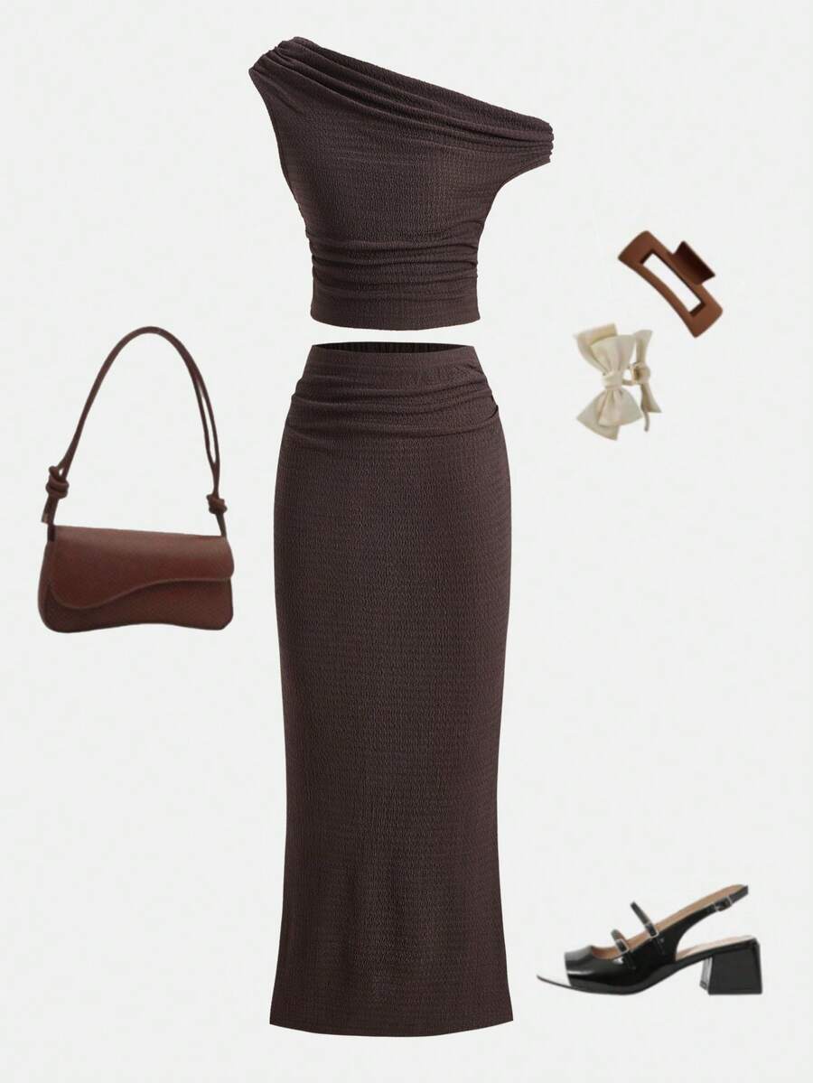 SHEIN Elegant semesterset för tweenflickor, tryckt asymmetrisk t-shirt med asymmetriska axlar och kortärmad midikjol i två delar - Rosa - Visa 1