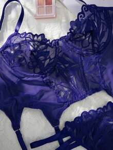 SHEIN 2pcs/Set Women's Sexy Solid Color Lace Sheer Corset - Purple - View 4