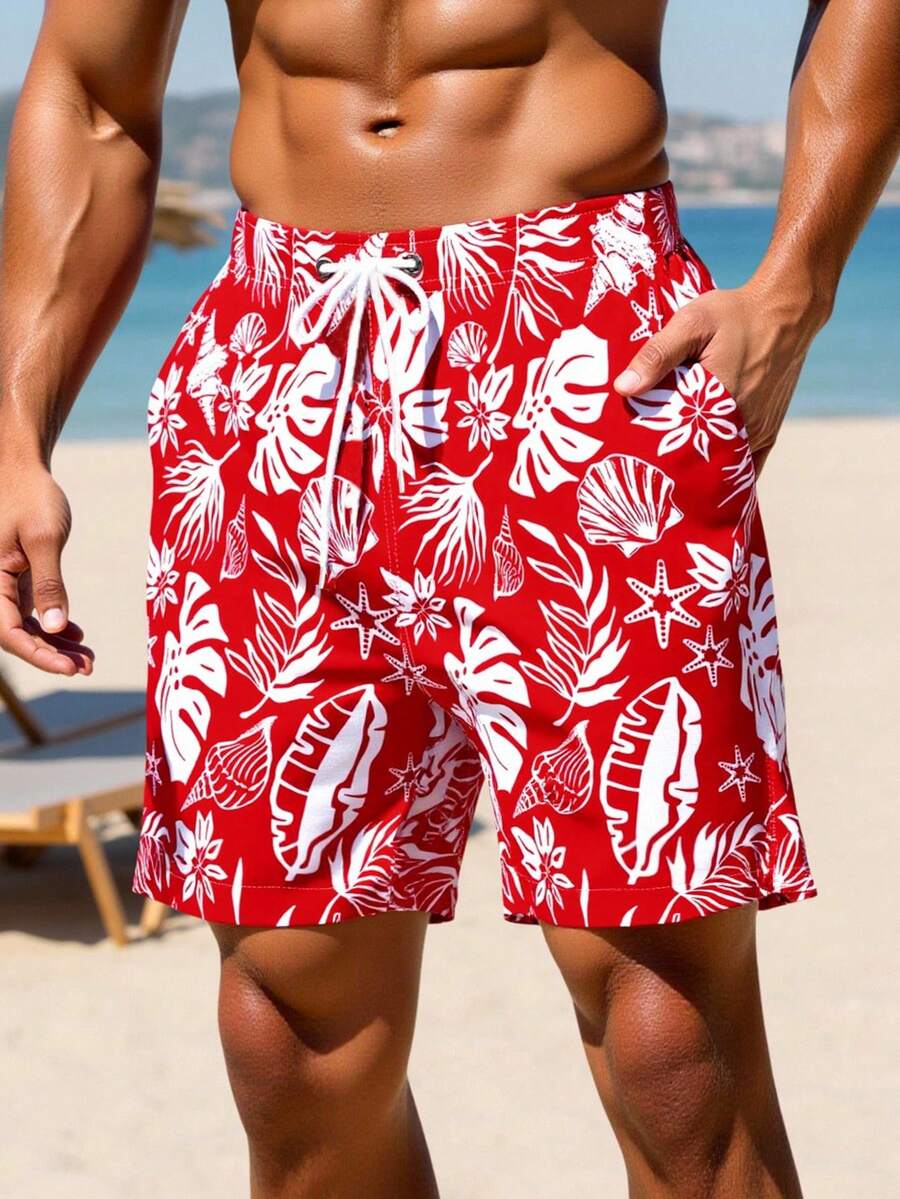 Manfinity RSRT Quần short nam in họa tiết toàn thân, túi xéo, cạp chun, kiểu dáng thường ngày, thích hợp đi biển, đi nghỉ mát, quần bơi nam đồng bộ, đồ bơi nam, quần áo đi biển cho nam, quần short bơi nam, quần bơi nam kiểu Hawaii, quần short Hawaii cho nam, quần short nam màu đỏ, quần bơi nam đi nghỉ mát. - Đỏ - Xem 1