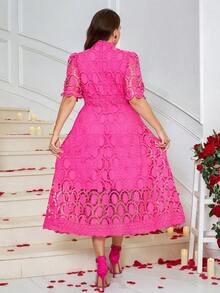 Reflora 大码女式白色蕾丝中长连衣裙，优雅短袖夏季连衣裙 - 玫紅色 - 查看 9