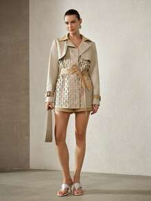 MOTF PREMIUM WOMEN'S FASHIONABLE HOLLOW OUT CONTRAST COLORBLOCK PU PATCHWORK BLAZER - Grey - View 6