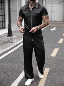 Manfinity CasualCool 男士牛仔背带裤，时尚宽松连体裤，带口袋，粉色，男女皆宜，情人节服装，情人节礼物 - 黑色 - 查看 7