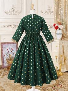 SHEIN Elegant Green Polka Dot Long Dress For Tween Girls,Autumn Wedding Guest,Metallic Gold Dots,Lace Trim,3/4 Sleeve,Middle Eastern Gatherings,Soft Fabric - Green - View 2