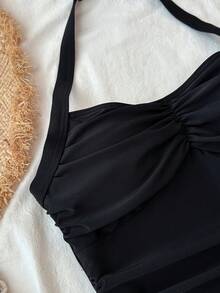 SHEIN Teen Girls Black Halter Neck Ruched One-Piece Swimsuit, Suitable For Beach, Vacation, Surfing,Kids - Black - View 8