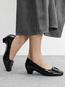 CUCCOO BIZCHIC Black Square Toe Backless Mid-Heel Buckle Strap Women Shoes - Black - View 4