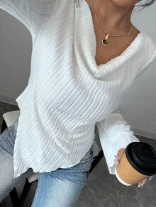 SHEIN PETITE Women's Elegant Romantic Ribbed Flared Sleeve Crew Neck Long Sleeve T-Shirt - White - View 6