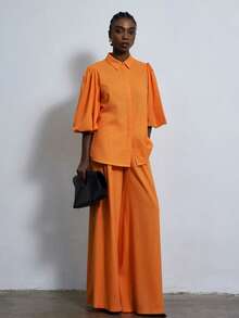 Aveloria Modichic Fashionable Design Sense, Versatile And Stylish Casual Wear, Modern Vacation Wear, A Bright Orange Lapel Puff-Sleeved Cardigan, Loose Pleated Long Pants Set, Ladies' Two-Piece Set - Orange - View 3