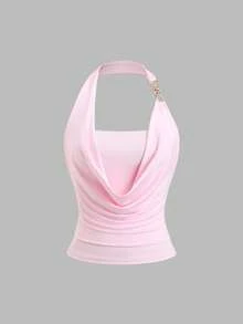 Sweetra New Fashion Metal Buckle Asymmetric Neckline Design Elegant Commute Daily Versatile Waist Cinched Casual Pink Women Tank Top - Pink - View 1