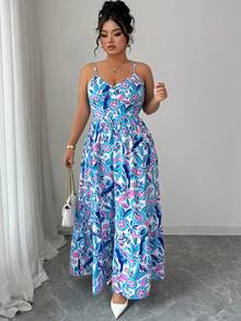 SHEIN Elenzya 女士大码梭织印花优雅吊带连衣裙 - 藍色 - 查看 3