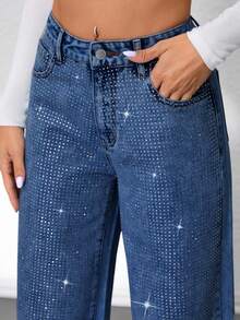 SHEIN Tall Women's Rhinestone Pocket Wide Leg Loose Casual Versatile Jeans - Medium Wash - View 5