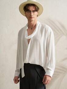 Manfinity Dauomo Áo sơ mi dài tay nam màu trơn kiểu dáng thường ngày có nơ - trắng - Xem 6