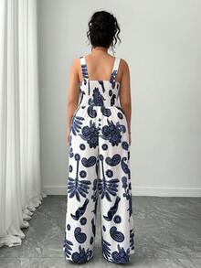 Elenzga Bộ jumpsuit không tay in hoa dành cho nữ cỡ lớn, kiểu dáng thanh lịch, thích hợp cho kỳ nghỉ xuân hè. - Màu xanh lam - Xem 3