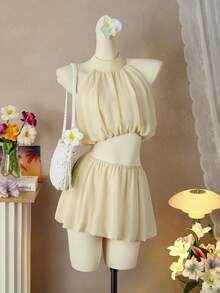 Femesol Bộ váy ngắn không tay cổ yếm ôm sát, dáng xòe bồng bềnh, thanh lịch và thời trang cho mùa xuân/hè. - Màu be - Xem 4