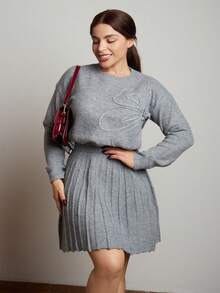 Lupita Cardoza 2 件套女士休闲圆领刺绣纯色 A 字形百褶裙和毛衣 - 灰色 - 查看 4
