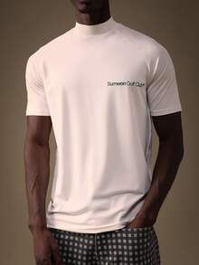 SUMWON Mock Neck Relaxed Fit Raglan Sleeve Short Sleeve Golf T-Shirt With Small Chest Text Logo Summer - White - View 4