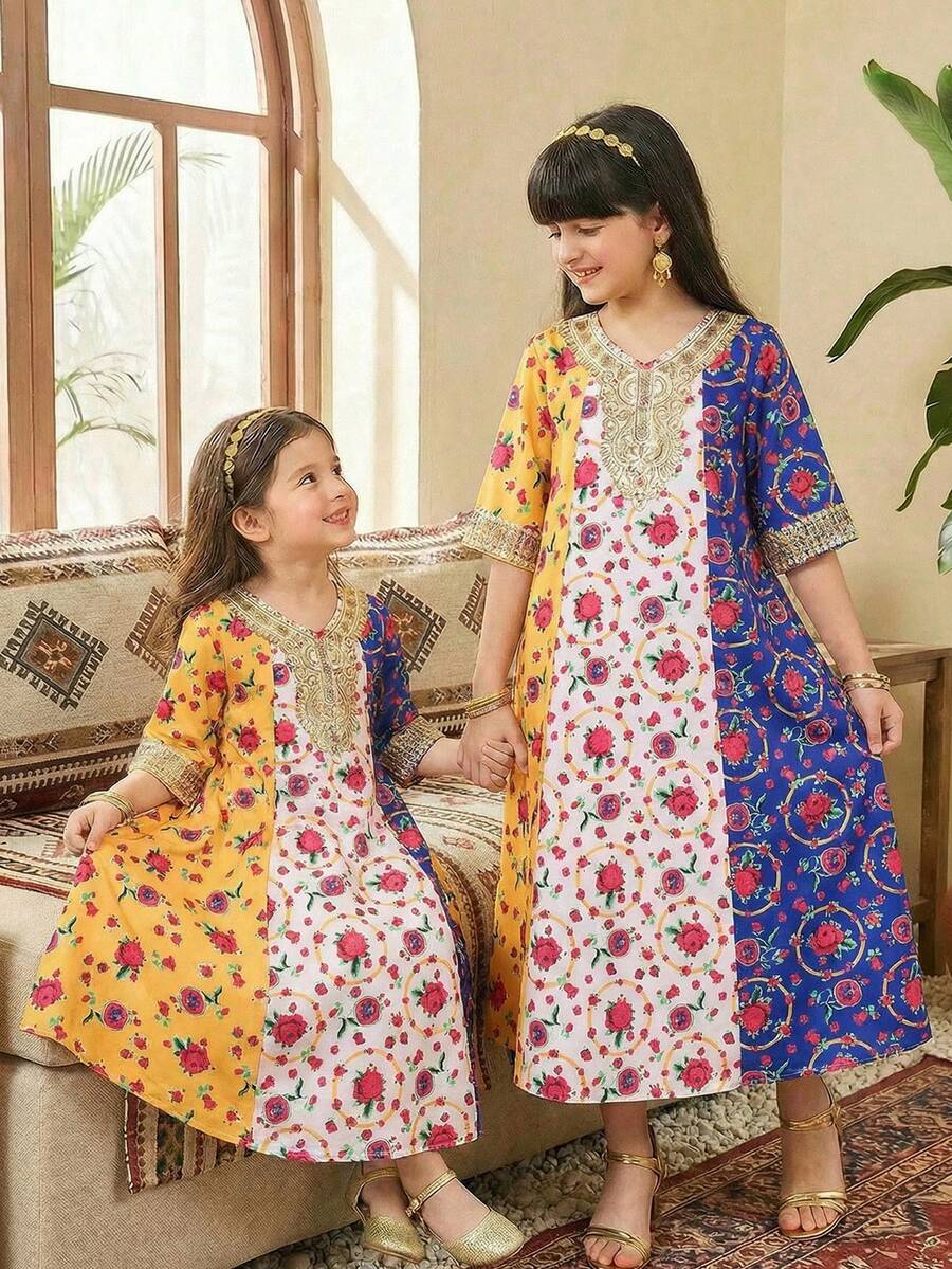 SHEIN Tween Girls' Traditional Arab Maxi Dress,Floral Red Pattern,Golden Trim V-Neck,Pastel Yellow,Autumn,Boho,Family Matching - Multicolor - View 1