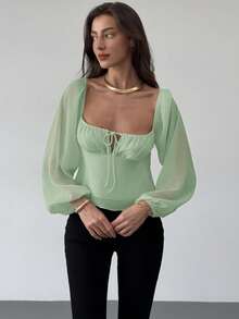 Aloruh Ruched Collar Cinched Waist Flared Hem Textured Fabric Long Sleeve Blouse For Women - Green - View 7