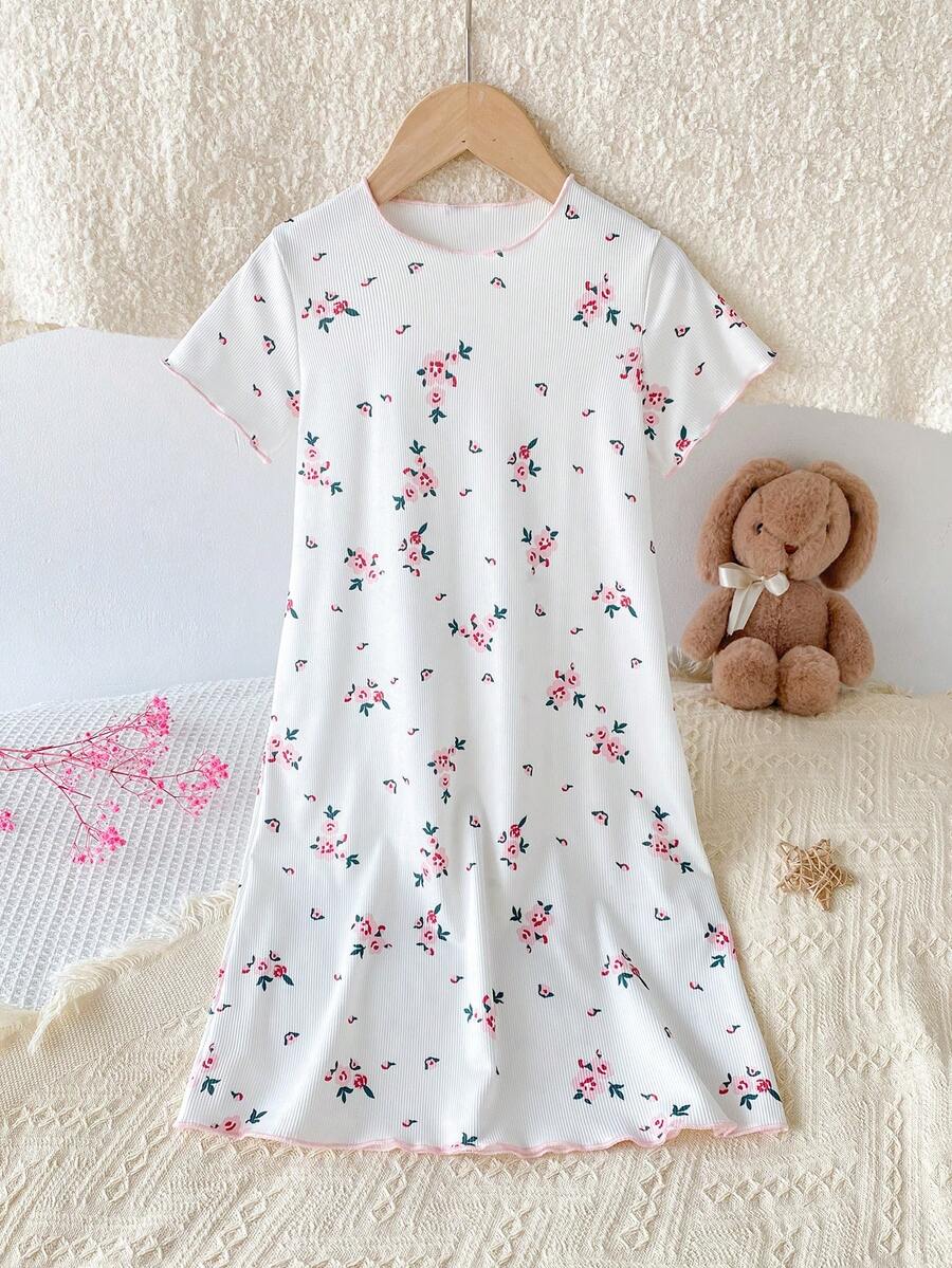 少女优雅碎花长袖睡裙，及膝睡衣 - 粉色 - 查看 1