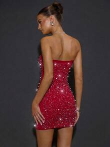 SHEIN BAE Red Heavily Embellished Rhinestone Mini Dress, Bustier Style Solid Summer 70s Party,Formal Event Gala Festival Halloween Christmas Mini Dress - Red - View 2