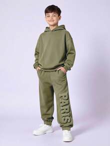 2 件儿童/青少年男童休闲日常舒适压花连帽衫和宽松运动裤套装，适合学校、花园、海滩、生日、春夏秋冬 - 綠色 - 查看 1