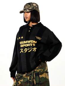 SUMWON WOMEN Oversized Knitted Polo With Dropped Shoulder Japanese Graphics And Gold Button Details - Black - View 1