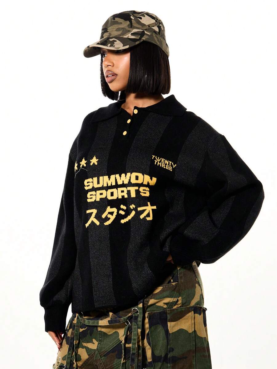 SUMWON WOMEN Oversized Knitted Polo With Dropped Shoulder Japanese Graphics And Gold Button Details - Black - View 1