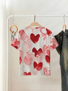 Resyla Valentine's Day Ink Heart Print Women's T-Shirt, Round Neck Short Sleeve, Women's Sportswear, Spring/Summer