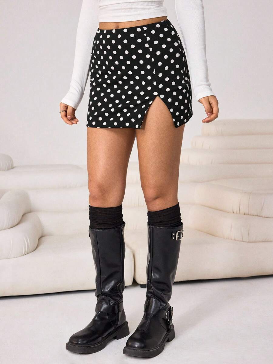 Aidyla 女士波点拼接时尚百搭约会/外出迷你裙 - 黑色 - 查看 1