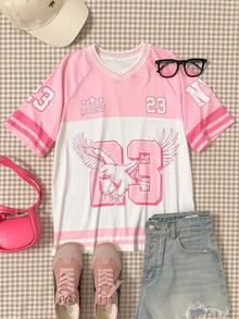 SHEIN Girls' Pink Sports Jersey Short Sleeve T-Shirt - Multicolor - View 3