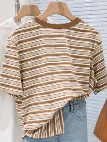 Resyla Áo thun nữ tay ngắn kẻ sọc nhiều màu sắc kiểu cổ điển, cổ tròn, dáng rộng, cỡ lớn, thích hợp cho mùa hè. - Nhiều màu - Xem 2