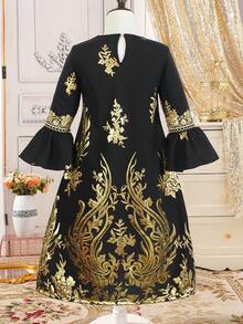 Vestido largo de bata con aplicación floral de lámina de oro, flor de cuello dorada, adorno de manga acampanada para niña joven - Negro - Ver 2