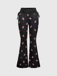 ROMWE J-Fashion Áo kiểu ren thêu hình hươu dễ thương kết hợp với quần ống loe in họa tiết hươu khắp thân quần. - màu đen - Xem 7