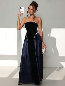 SHEIN 女士无袖珍珠装饰丝绒缎面拼接连衣裙 - 藏蓝色 - 查看 3