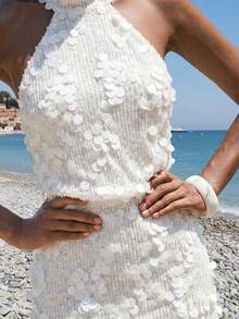 Nevyona 女士高领露背荷叶边亮片紧身迷你连衣裙 - 杏色 - 查看 3