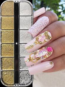 1套磁性美甲笔和12格金属珠，金色银色迷你鱼子酱美甲饰品，磁性凝胶指甲油工具，适用于猫眼宝石美甲DIY，美甲装饰，美甲师沙龙派对日常使用美甲工具套装，美甲配件 - 彩色 - 查看 9