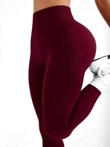 Seamluxe SHEIN Sport 女士高腰无缝酒红色运动紧身裤 - 酒紅色 - 查看 8