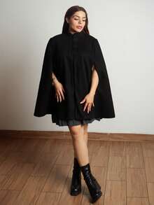 Lupita Cardoza 优雅立领拼色中国风纽扣装饰斗篷长袍女士加厚秋冬披肩连衣裙外套女冬装 - 黑色 - 查看 3