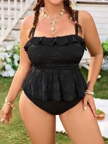 Swim Mod Plus Size Women Solid Color Ruffle Hem Tankini Swimsuit Set - Black - View 5