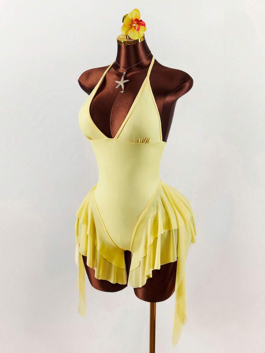 Amplova 2026新款V领露背收腰A字连体衣 - 鵝黃色 - 查看 1