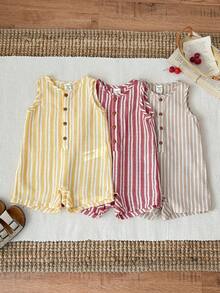 SHEIN 3pcs/Set Newborn Unisex Baby Casual Striped Sleeveless Romper, Summer Basic Bodysuit Set - Multicolor - View 7