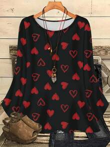 SHEIN VCAY Plus Size Women Casual All-Over Print Round Neck Loose 3/4 Sleeve Shirt, Autumn/Winter Valentine's Day - Black - View 1