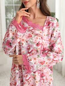 Al Najma Ribbon Patchwork Front Button Asymmetric Collar Print Dress With Headscarf - Multicolor - View 3