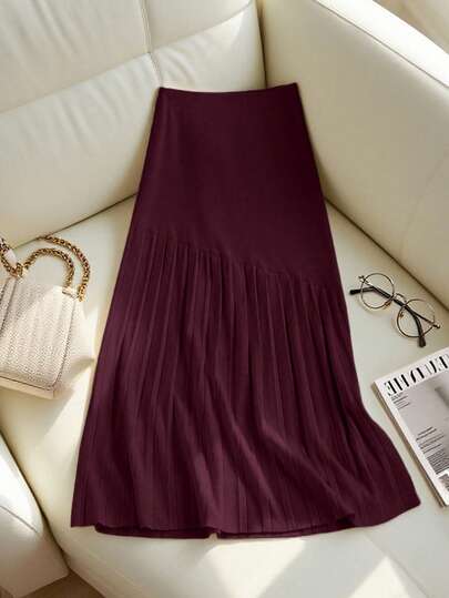 Franclia New Pleated Patchwork Knitted High Waist Slimming Midi A-Line Skirt, Casual Women Sweater Skirt