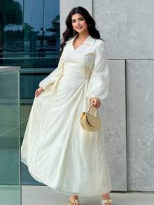 Al Najma Women's Elegant Vacation Style Embroidered Mesh V-Neck Lantern Sleeve Tie Waist Arabic Dress - Apricot - View 8