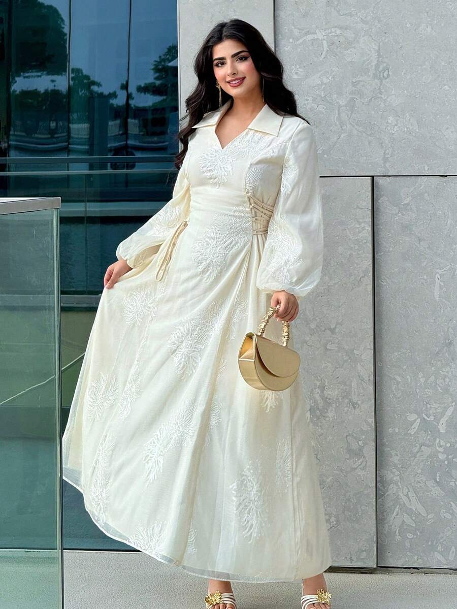 Al Najma 女士优雅度假风刺绣网纱V领灯笼袖系腰阿拉伯连衣裙