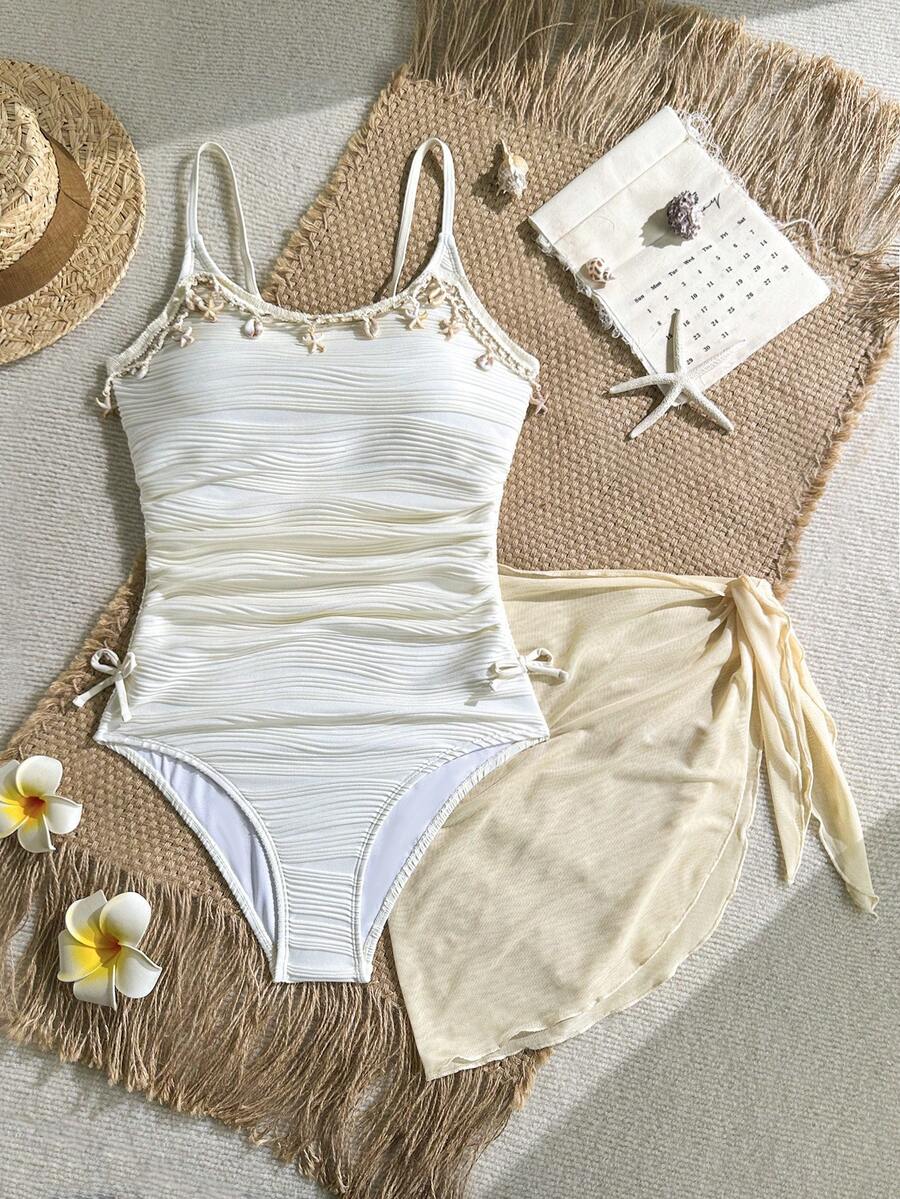 SHEIN Teen Girl Apricot Knit Jacquard Starfish Trim Camisole Jumpsuit With Cover-Up And Mini Skirt 2 Pieces Set - Apricot - View 1