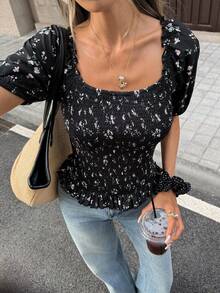 Pariaura Women's All-Over Print Square Collar Casual Short Sleeve Shirt - Black - View 6