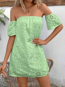Glamine Women's Mint Green Summer Boho Off Shoulder Dress,Hollow Out Embroidered Pattern Mini Beach Dress,Holiday Vacation Outfit Cover Up,Solid Color - Green - View 4